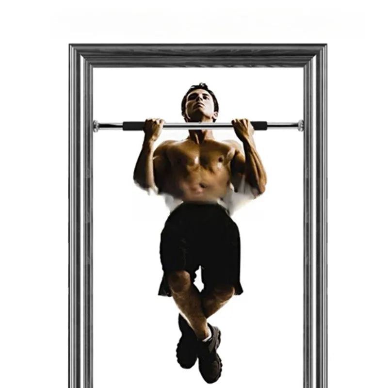 Steel indoor pull-up bar with horizontal bar and parallel bars, adjustable from 62 to 100 cm wide.
