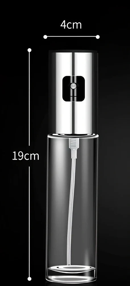 Clear glass kitchen oil dispenser, 100ml capacity, with stainless steel automatic nozzle and funnel, straight modern design