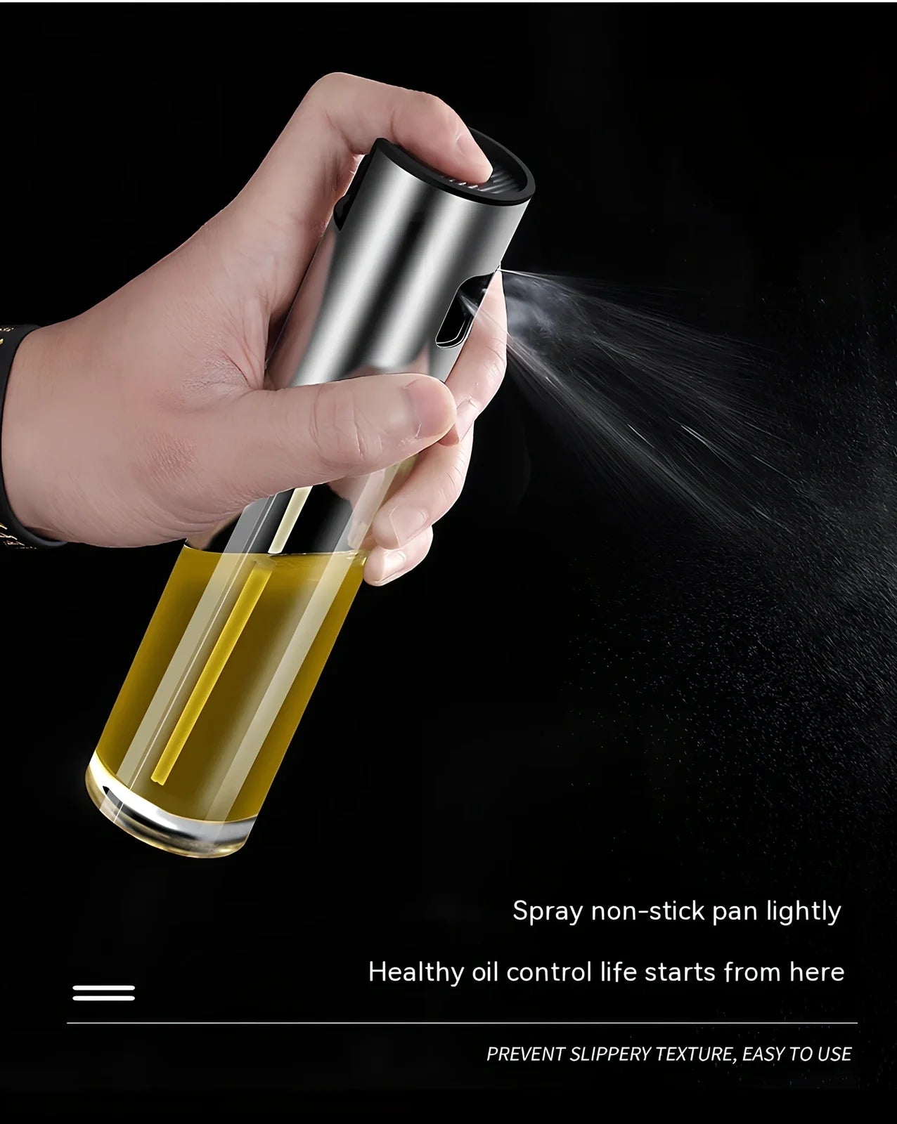 Clear glass kitchen oil dispenser, 100ml capacity, with stainless steel automatic nozzle and funnel, straight modern design