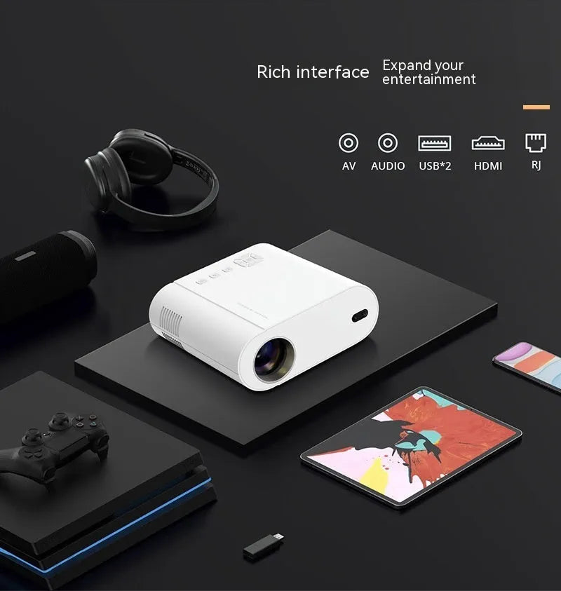 White T07 Full HD smart projector with remote control showing 1080p resolution and Android system