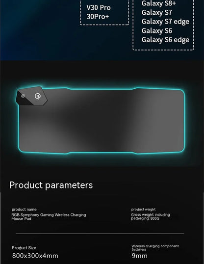 Black luminous gaming mouse mat with mech style graphics, water-repellent cloth surface, and USB cable