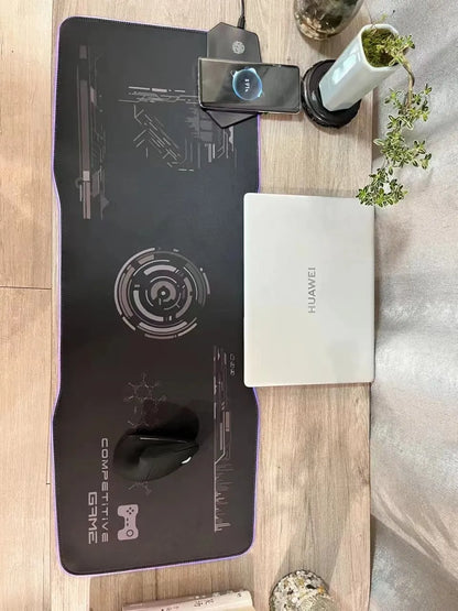 Black luminous gaming mouse mat with mech style graphics, water-repellent cloth surface, and USB cable