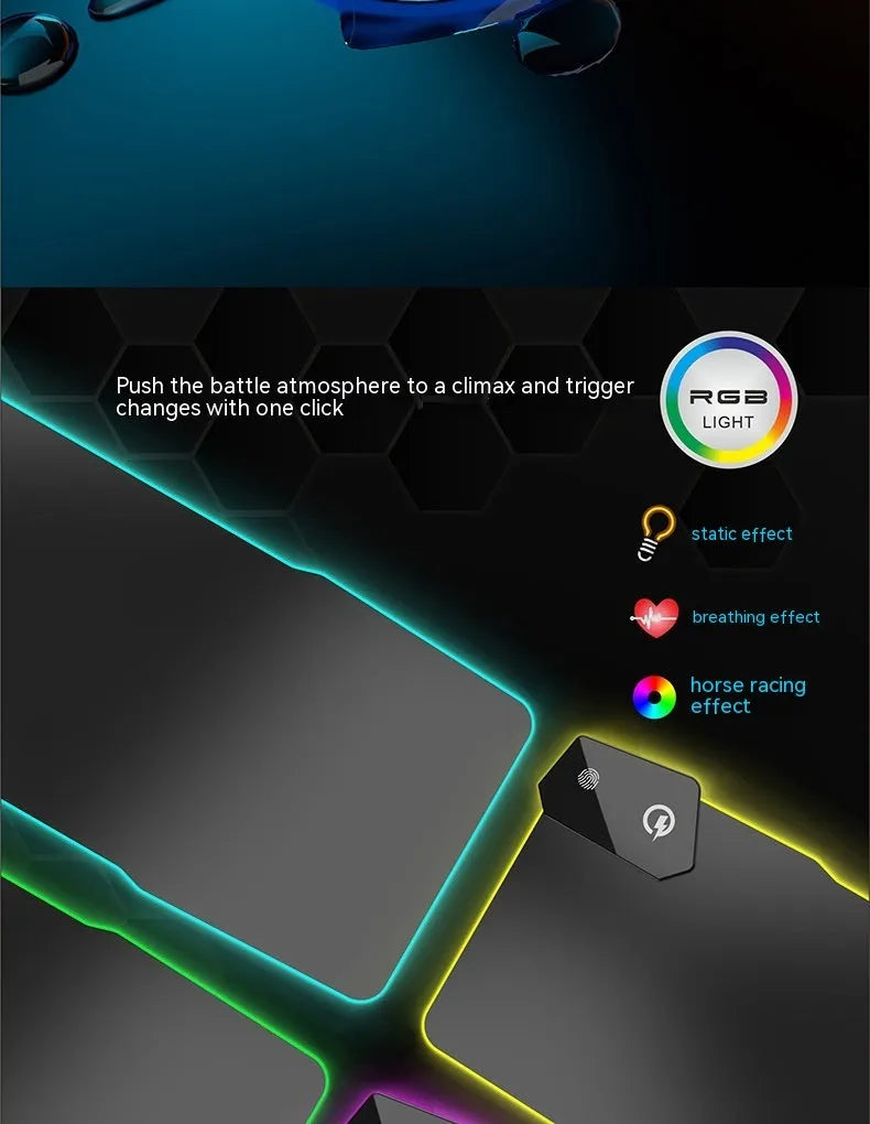 Black luminous gaming mouse mat with mech style graphics, water-repellent cloth surface, and USB cable