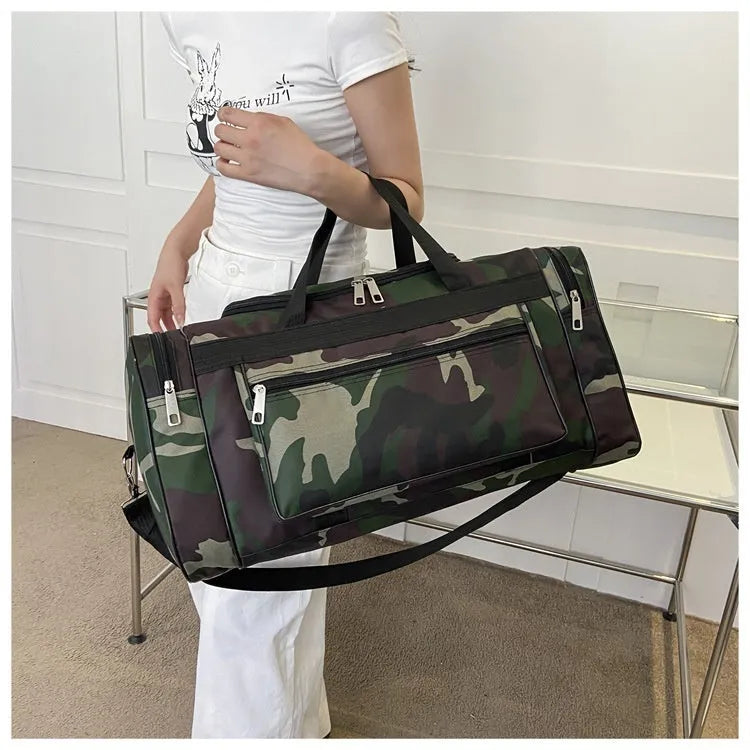 Multifunctional large capacity camouflage luggage bag with 20L storage, waterproof fabric construction, and urban simplicity design for leisure travel