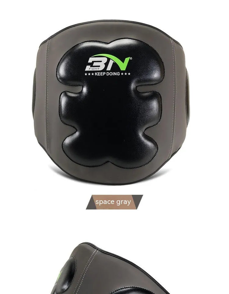 Dark grey Sanda boxing chest protection target with adjustable waist strap for martial arts training.