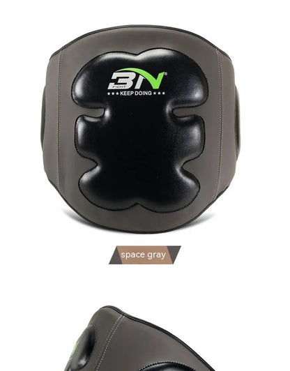 Dark grey Sanda boxing chest protection target with adjustable waist strap for martial arts training.