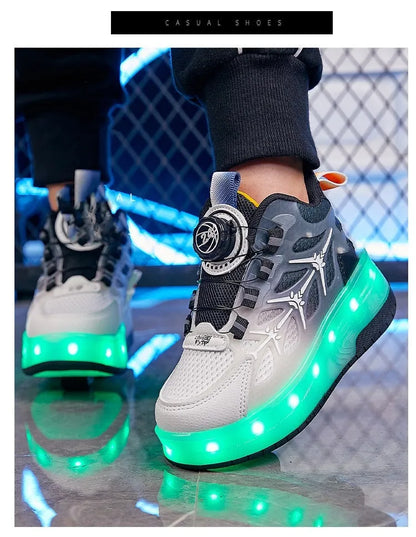 Children's flash knob roller skating shoes in blue, showing the rotating button fastening and knob roller mechanism.
