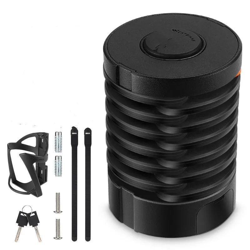 Portable bicycle folding lock in black and black orange colours showing folding mechanism
