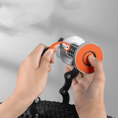 Portable bicycle folding lock in black and black orange colours showing folding mechanism