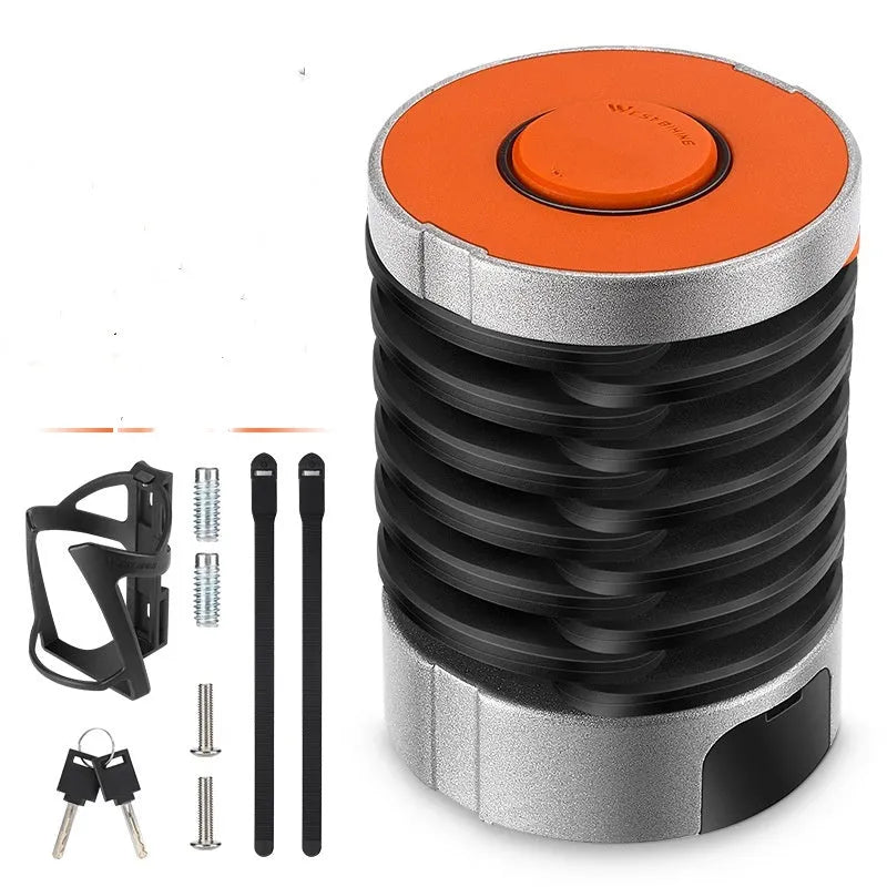 Portable bicycle folding lock in black and black orange colours showing folding mechanism