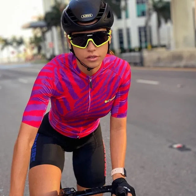 Attaquer womens long sleeve cycling jersey and matching bib shorts in kaleidoscope print.