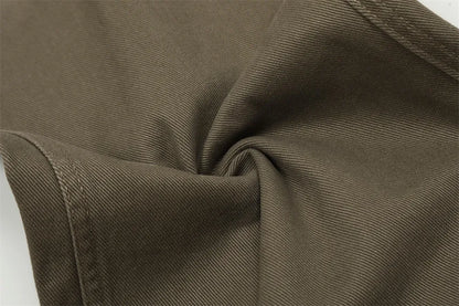 Men's cotton denim work trousers with mid waist, shown in black, brown and coffee, sizes XS to XXL for youth leisure wear.