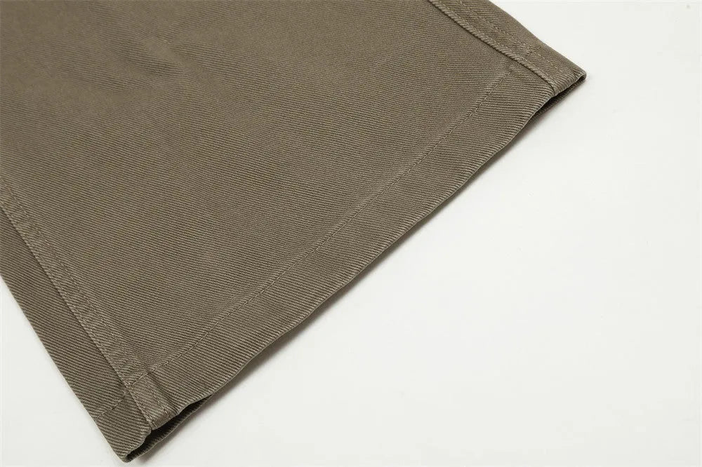 Men's cotton denim work trousers with mid waist, shown in black, brown and coffee, sizes XS to XXL for youth leisure wear.
