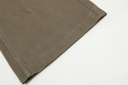 Men's cotton denim work trousers with mid waist, shown in black, brown and coffee, sizes XS to XXL for youth leisure wear.