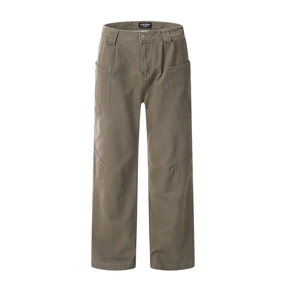 Men's cotton denim work trousers with mid waist, shown in black, brown and coffee, sizes XS to XXL for youth leisure wear.