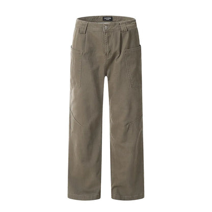 Men's cotton denim work trousers with mid waist, shown in black, brown and coffee, sizes XS to XXL for youth leisure wear.