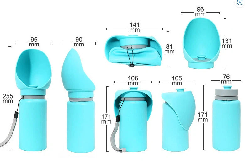 Blue and grey folding pet water bottle with leak-proof seal for dogs and cats