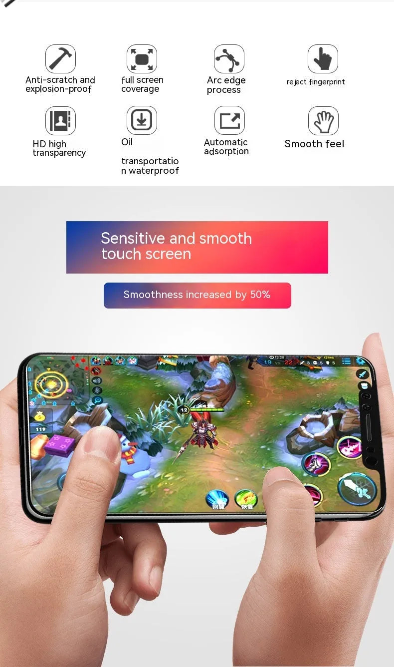 Tempered glass screen protector for Samsung smartphones showing HD clarity and fullscreen coverage