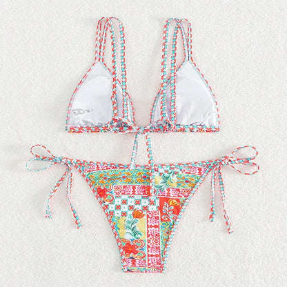 Women's lace-up front split design swimsuit bikini set in polyester with spandex lining.