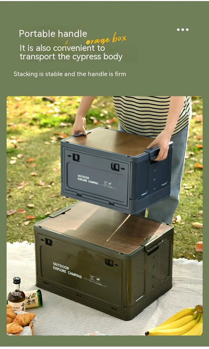 Large green and white foldable plastic storage box with wooden lid option.