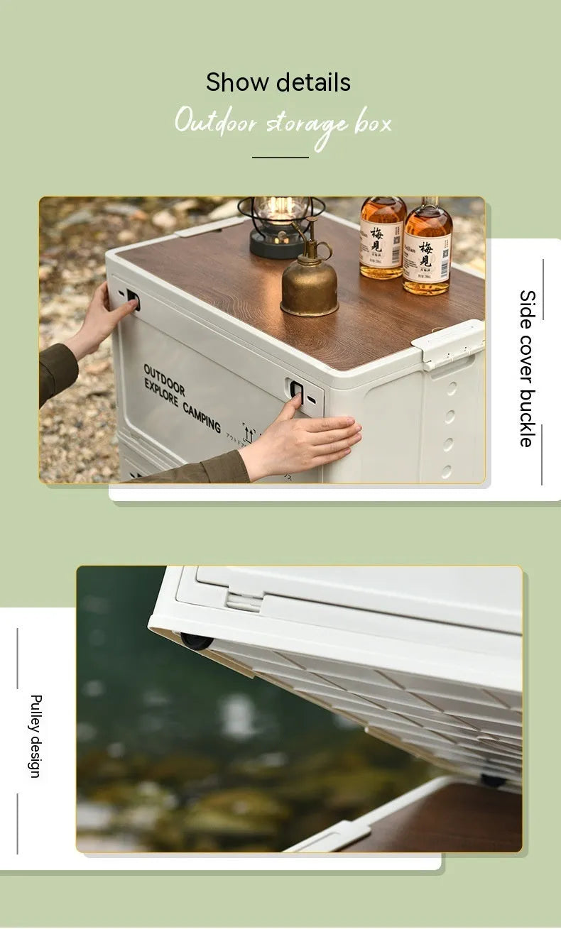 Large green and white foldable plastic storage box with wooden lid option.