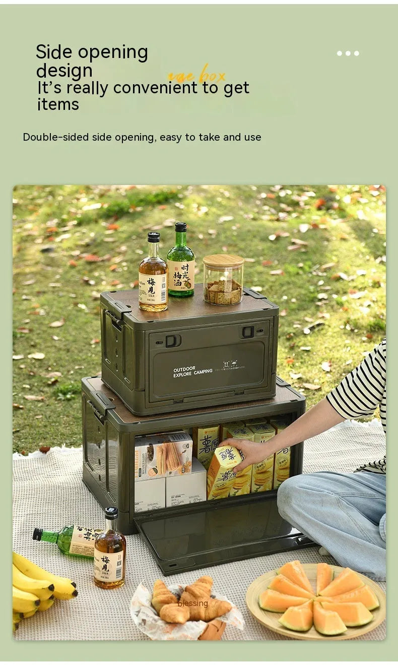 Large green and white foldable plastic storage box with wooden lid option.