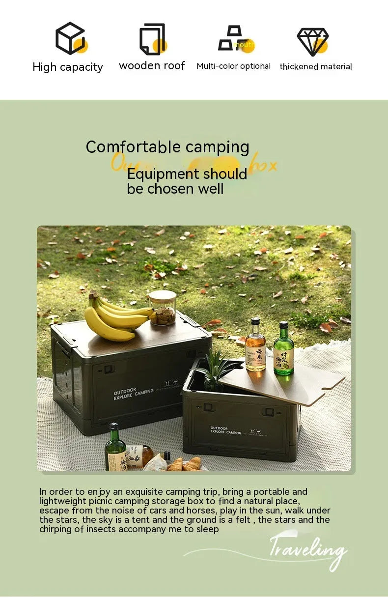 Large green and white foldable plastic storage box with wooden lid option.