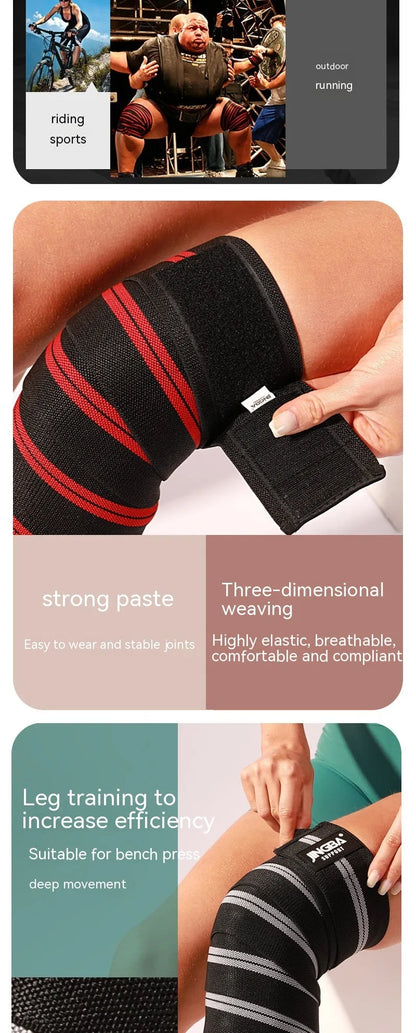 Adjustable sports knee pads in blue, grey, red, and yellow colours for weightlifting and cycling.