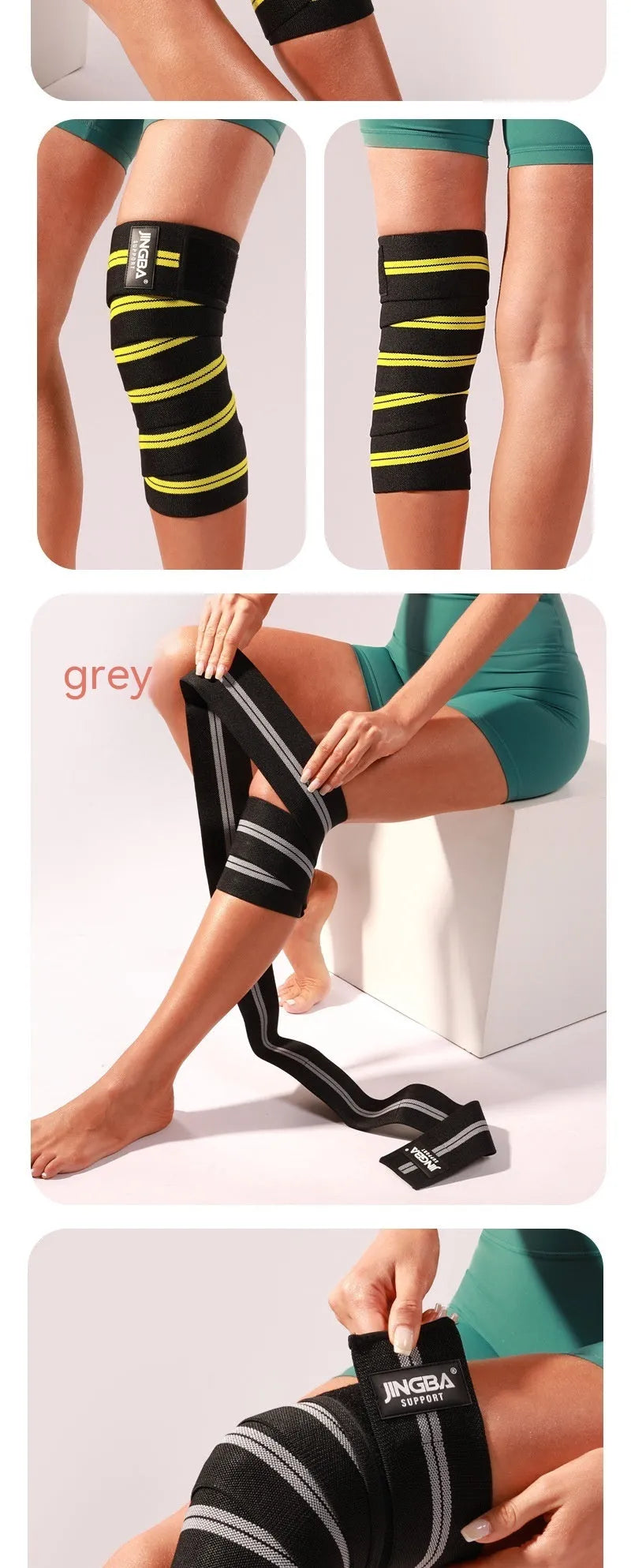 Adjustable sports knee pads in blue, grey, red, and yellow colours for weightlifting and cycling.