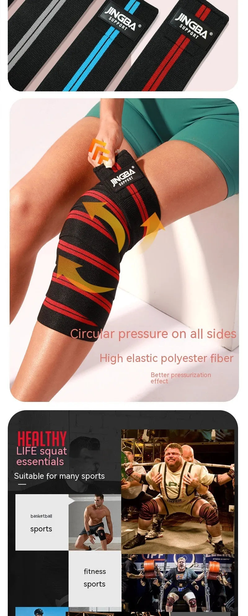 Adjustable sports knee pads in blue, grey, red, and yellow colours for weightlifting and cycling.