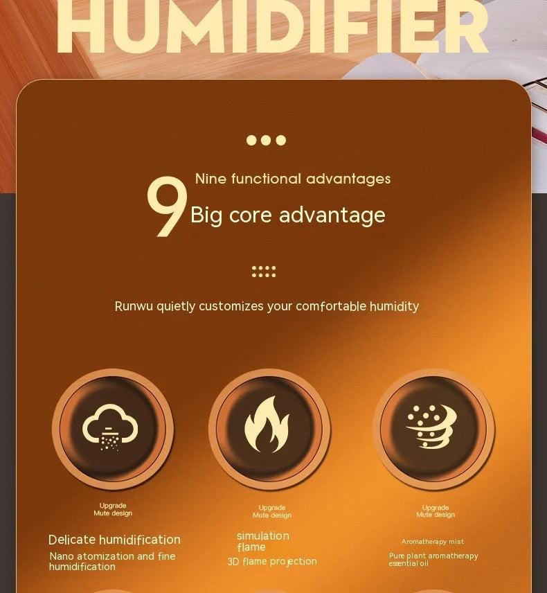 LED Flame Humidifier with aroma diffuser and night lamp features in white and black