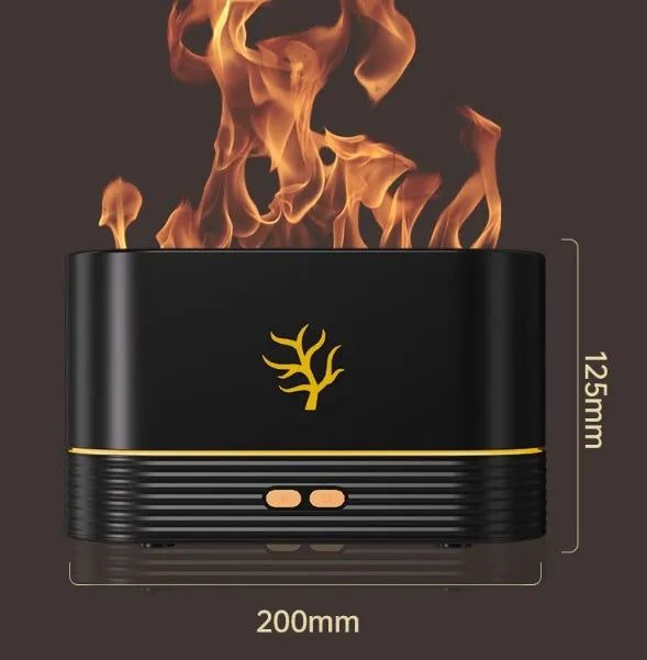 White square USB flame humidifier and aroma diffuser showing realistic LED fire effect.