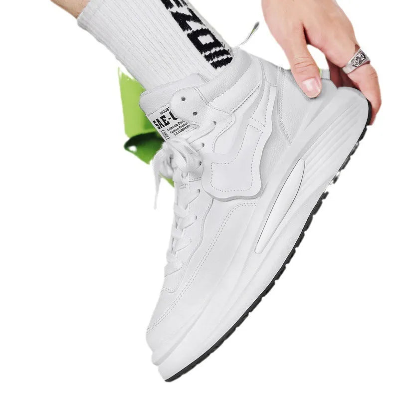 Men's black and white high-top casual board shoes with a round toe and platform sole.