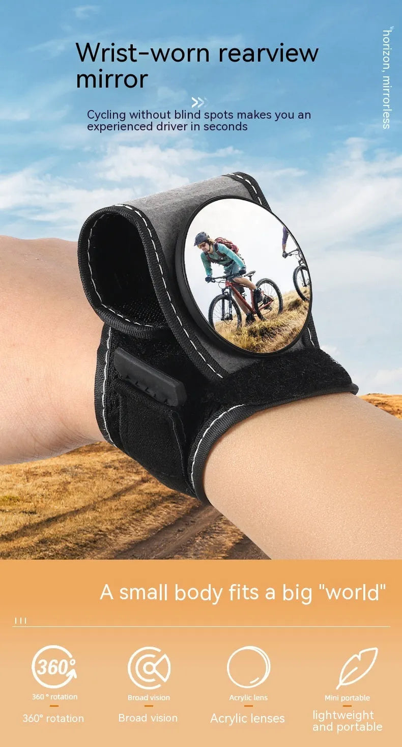 Black nylon wrist-mounted bicycle rear-view mirror for cyclists