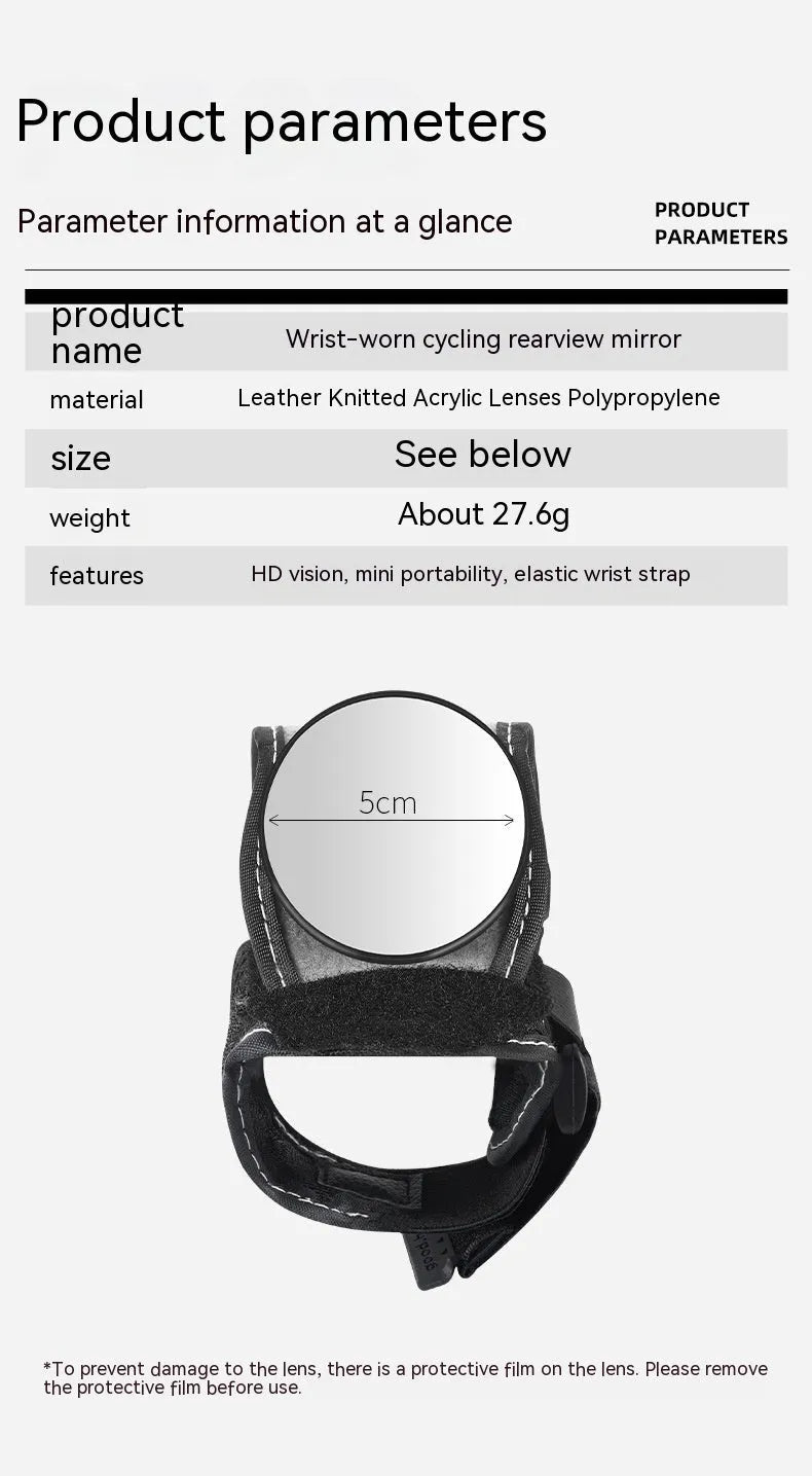 Black nylon wrist-mounted bicycle rear-view mirror for cyclists