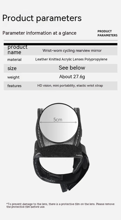 Black nylon wrist-mounted bicycle rear-view mirror for cyclists