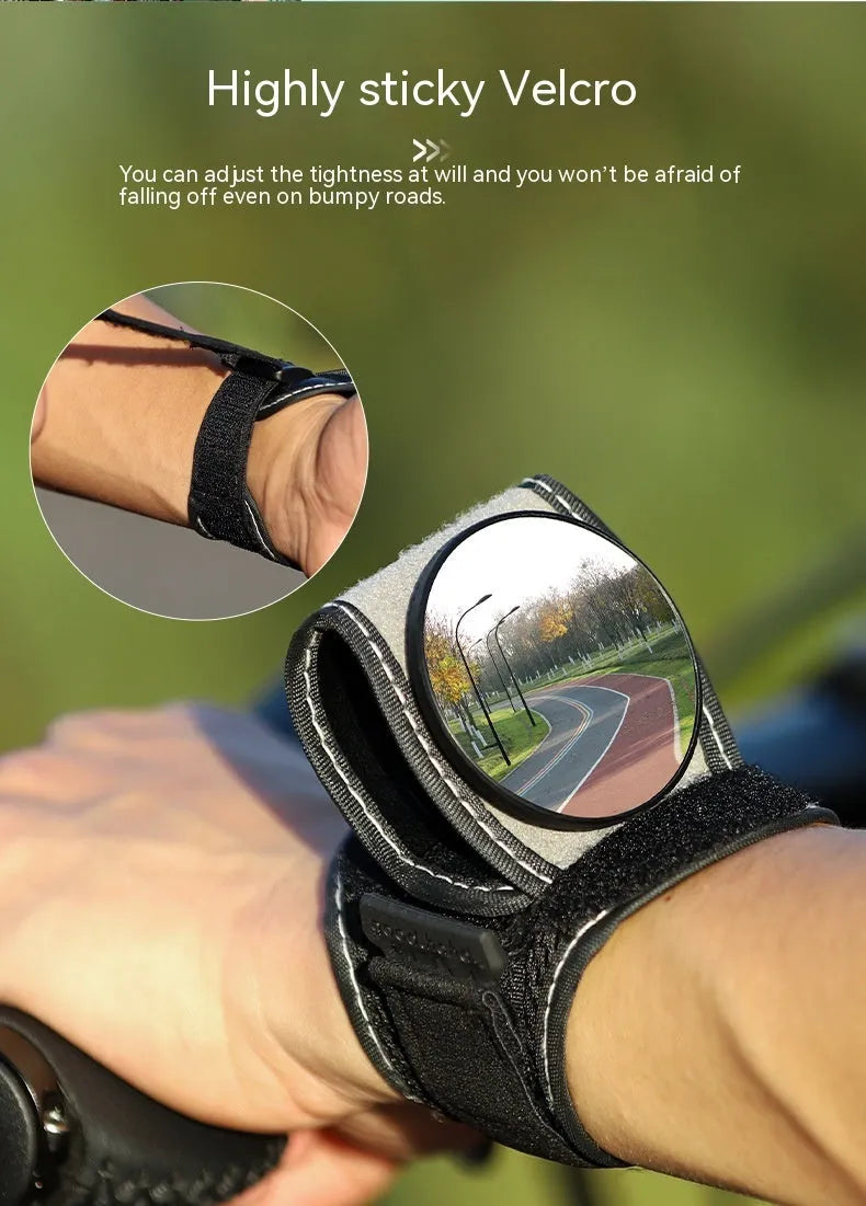 Black nylon wrist-mounted bicycle rear-view mirror for cyclists