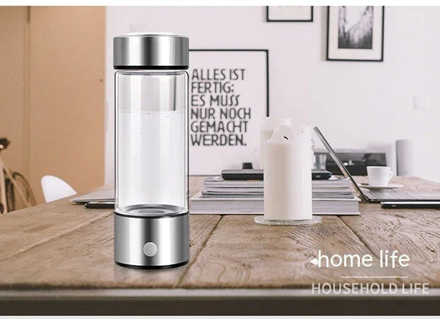 Premium hydrogen water bottle with rechargeable generator, crafted with borosilicate glass for improved cellular health and hydration