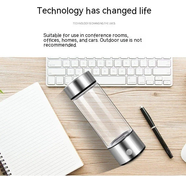 Premium hydrogen water bottle with rechargeable generator, crafted with borosilicate glass for improved cellular health and hydration