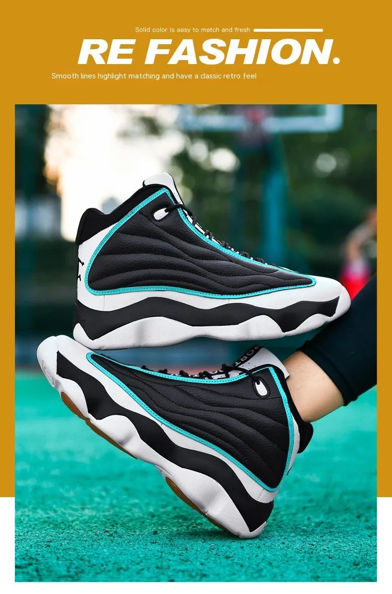 Men's high-top basketball shoes in AJ13 style colours with mesh upper and thick rubber sole.