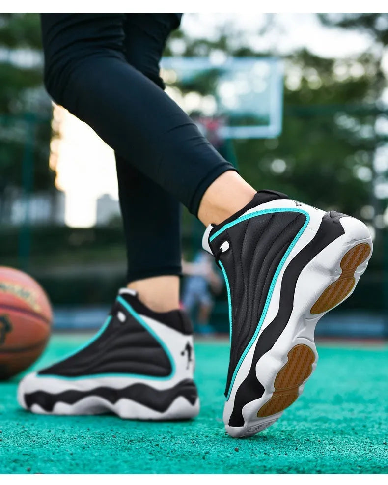 Men's high-top basketball shoes in AJ13 style colours with mesh upper and thick rubber sole.
