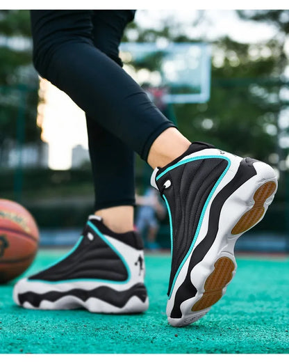 Men's high-top basketball shoes in AJ13 style colours with mesh upper and thick rubber sole.
