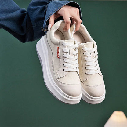 Women's beige and pink thick-soled leather board shoes with cowhide upper on a size scale