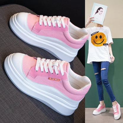 Women's beige and pink thick-soled leather board shoes with cowhide upper on a size scale