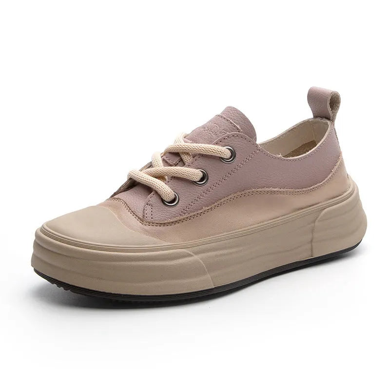 Women's leather platform sneakers in matcha green with round toe and lace-up front