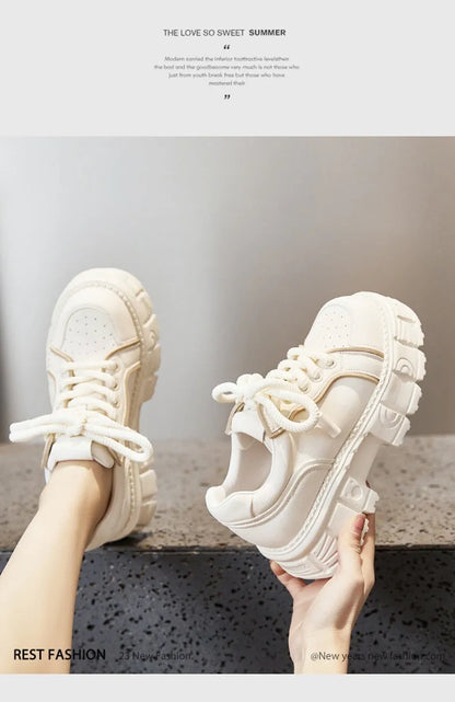 Beige leather muffin bottom shoes with a 4cm wedge sole on a neutral background.