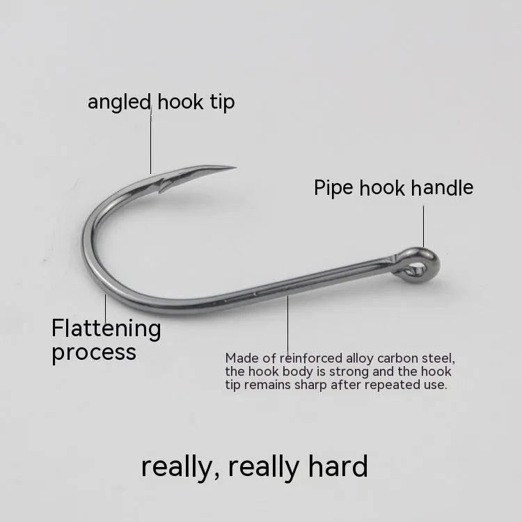 Bulk pack of alloy carbon steel sea fishing hooks with barbed crooked mouth design in various sizes.
