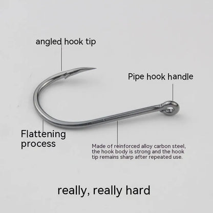 Bulk pack of alloy carbon steel sea fishing hooks with barbed crooked mouth design in various sizes.