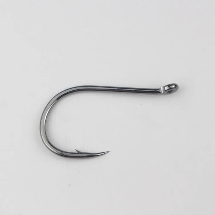 Bulk pack of alloy carbon steel sea fishing hooks with barbed crooked mouth design in various sizes.