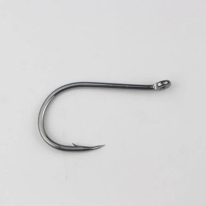 Bulk pack of alloy carbon steel sea fishing hooks with barbed crooked mouth design in various sizes.